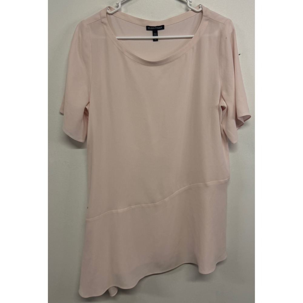 Eileen Fisher Womens 100% Silk Asymmetrical Hem Short Sleeve Tunic Top Pink S/P